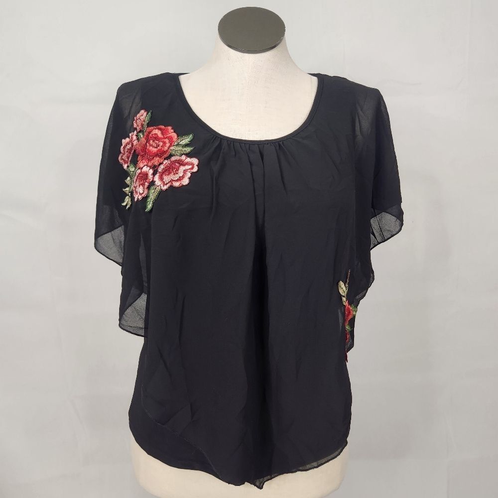 3/$25 Naif Floral Embroidered Black Poncho Style Top Sz M